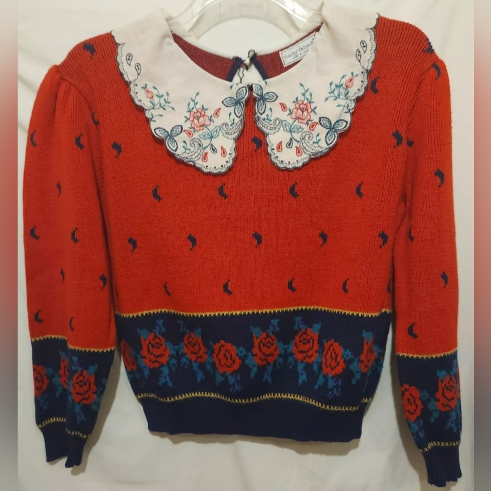 Vtg 80s Touchy Subject Sweater Womens Made In USA Red Blue 100% Cotton